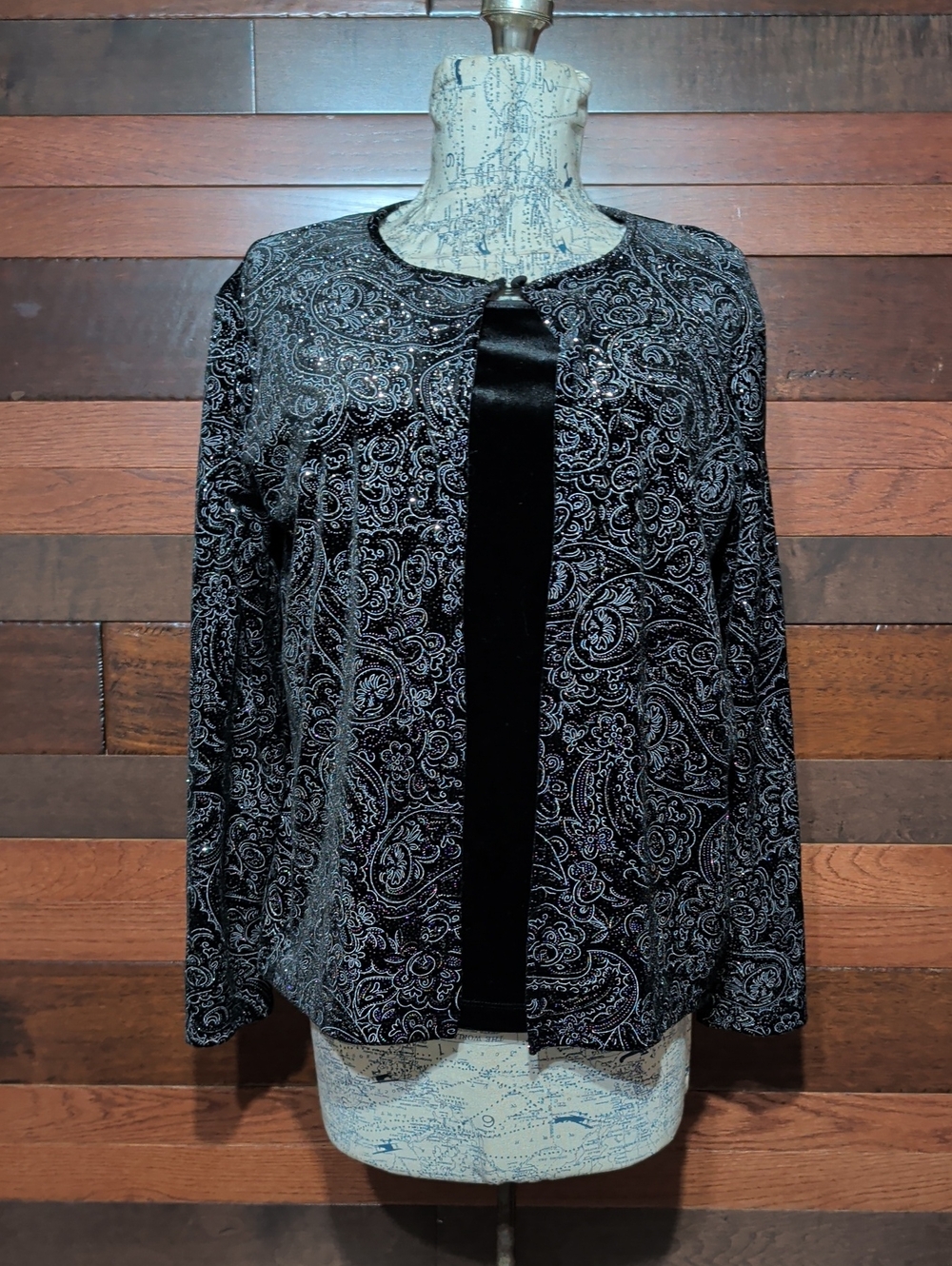 Notations Black Paisley Velvet-Trim Open Front Jacket